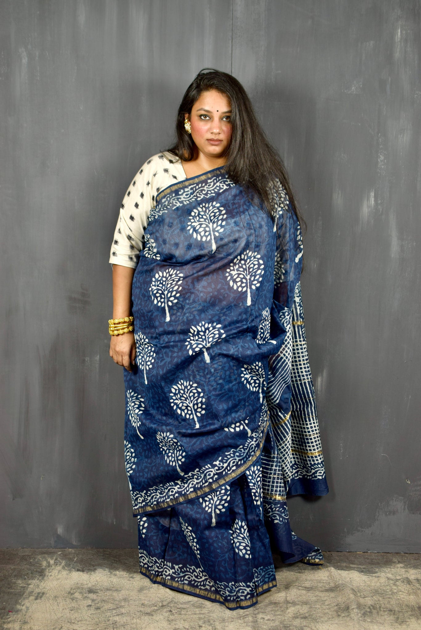 INDIGO HAND BLOCK PRINT CHANDERI COTTON SILK SAREE WITH ZARI BORDER