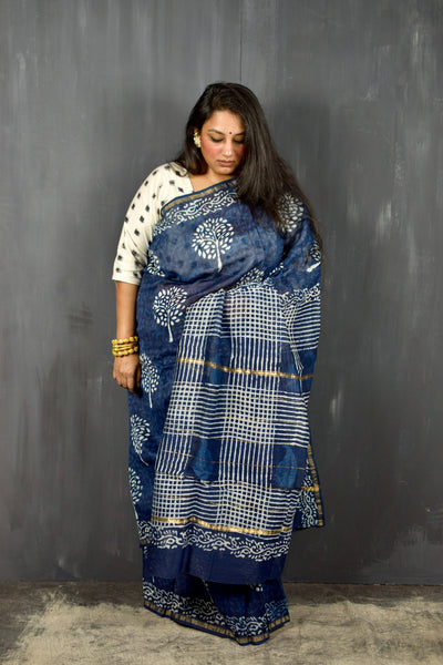 INDIGO HAND BLOCK PRINT CHANDERI COTTON SILK SAREE WITH ZARI BORDER