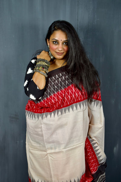 POCHAMPALLY SINGLE IKAT JASMINE WHITE - CANDY RED - BLACK COTTON SAREE WITH IKAT BLOUSE PIECE