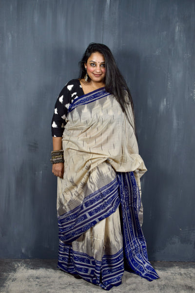 SAMBALPURI SINGLE IKAT PARCHMENT CREAM COTTON SAREE WITH IKAT BLOUSE PIECE