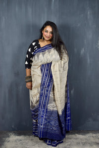 SAMBALPURI SINGLE IKAT PARCHMENT CREAM COTTON SAREE WITH IKAT BLOUSE PIECE