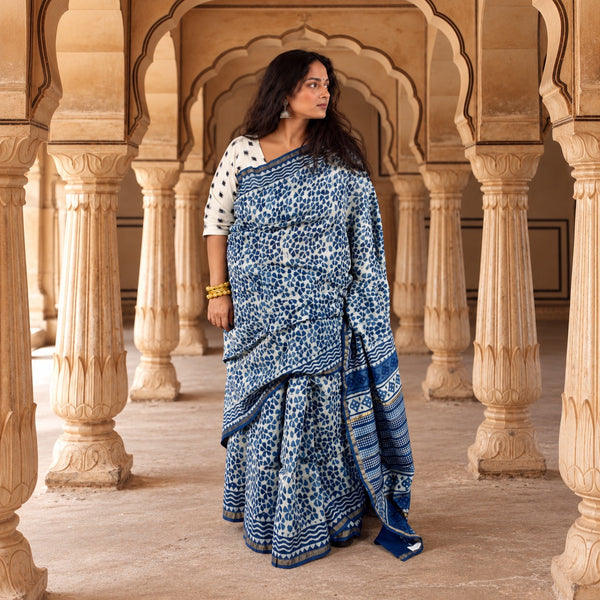 INDIGO HAND BLOCK PRINT CHANDERI COTTON SILK SAREE WITH ZARI BORDER