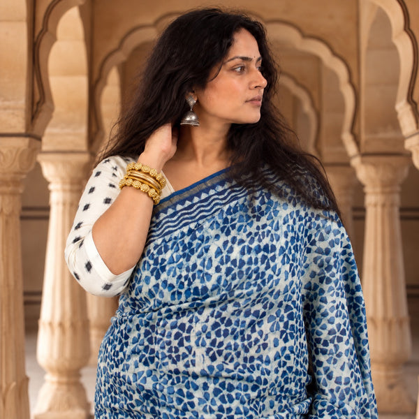 INDIGO HAND BLOCK PRINT CHANDERI COTTON SILK SAREE WITH ZARI BORDER