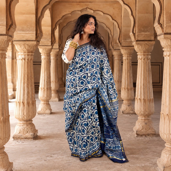 INDIGO HAND BLOCK PRINT CHANDERI COTTON SILK SAREE WITH ZARI BORDER