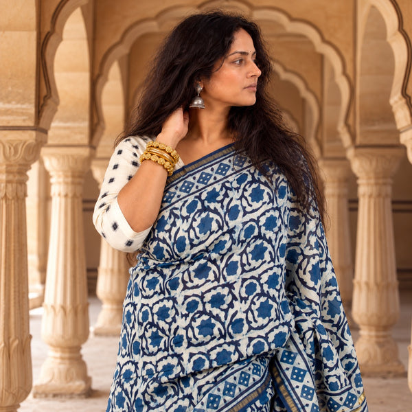 INDIGO HAND BLOCK PRINT CHANDERI COTTON SILK SAREE WITH ZARI BORDER