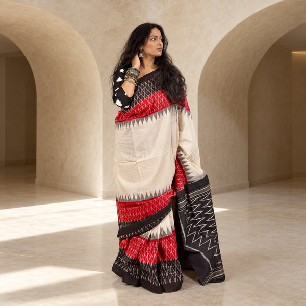 POCHAMPALLY SINGLE IKAT JASMINE WHITE - CANDY RED - BLACK COTTON SAREE WITH IKAT BLOUSE PIECE
