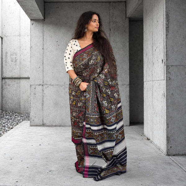 NARI KUNJAR POPAT PHOOL BHAT BLACK SINGLE IKAT COTTON PATOLA SAREE