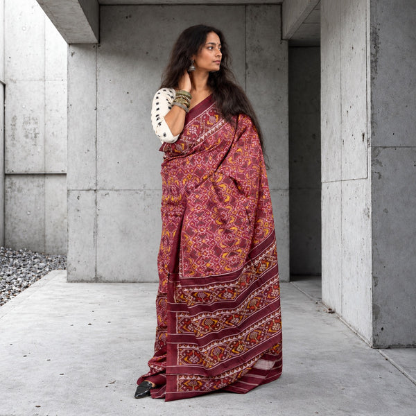 PHOOLWALI BHAT BURGUNDY SINGLE IKAT COTTON PATOLA SAREE