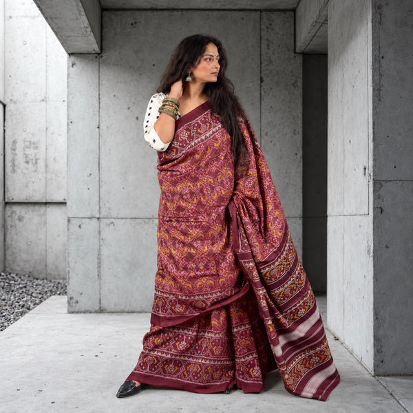PHOOLWALI BHAT BURGUNDY SINGLE IKAT COTTON PATOLA SAREE