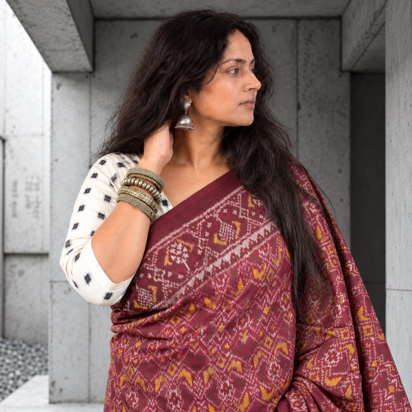 PHOOLWALI BHAT BURGUNDY SINGLE IKAT COTTON PATOLA SAREE