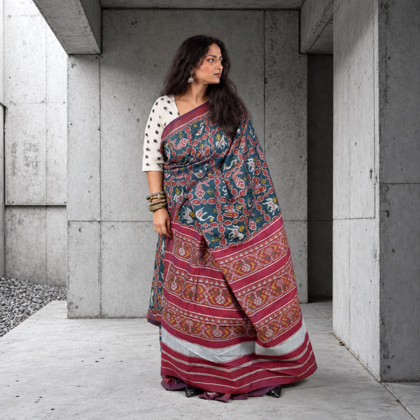 ASHWA HANS MEEN PATANGA BHAT SACRAMENTO GREEN SINGLE IKAT COTTON PATOLA SAREE