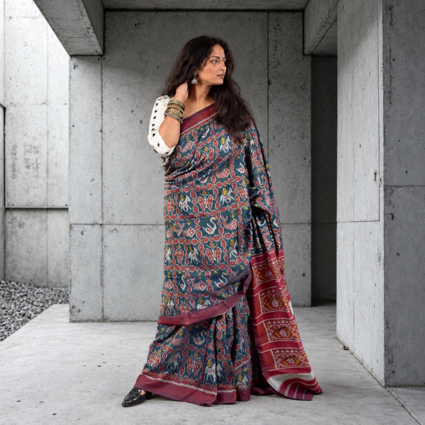 ASHWA HANS MEEN PATANGA BHAT SACRAMENTO GREEN SINGLE IKAT COTTON PATOLA SAREE