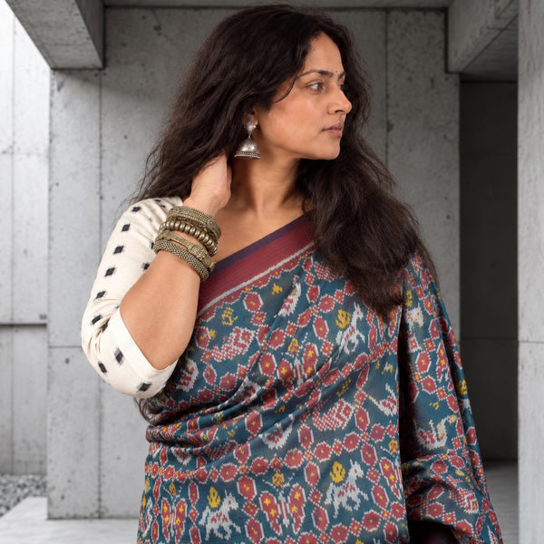 ASHWA HANS MEEN PATANGA BHAT SACRAMENTO GREEN SINGLE IKAT COTTON PATOLA SAREE