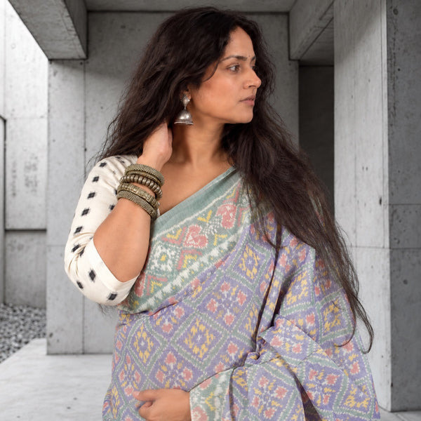 RATAN CHOK PERIWINKLE BLUE-PISTACHIO GREEN SINGLE IKAT COTTON PATOLA SAREE