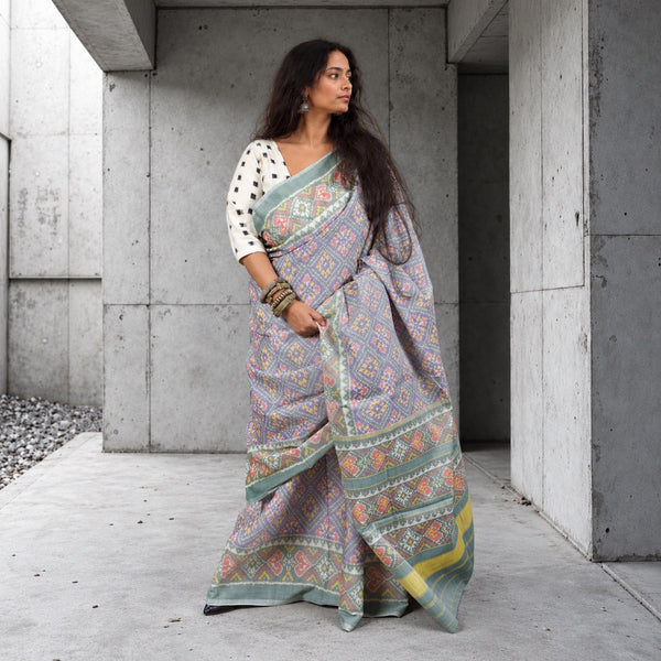 RATAN CHOK PERIWINKLE BLUE-PISTACHIO GREEN SINGLE IKAT COTTON PATOLA SAREE