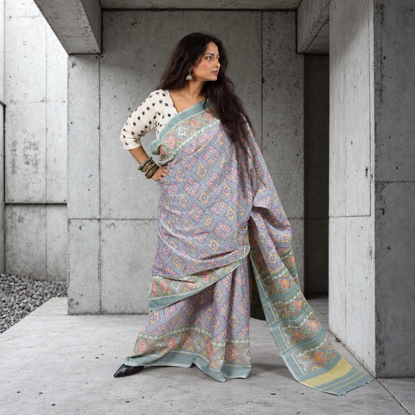 RATAN CHOK PERIWINKLE BLUE-PISTACHIO GREEN SINGLE IKAT COTTON PATOLA SAREE