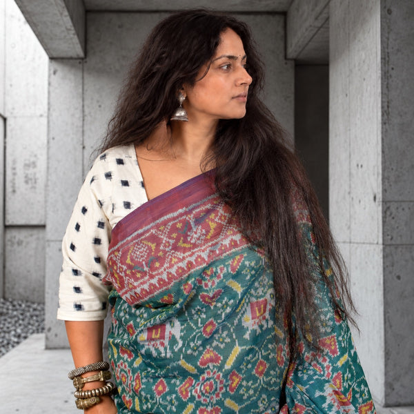 KUNJAR  BHAT CASTLETON GREEN-WINE RED SINGLE IKAT COTTON PATOLA SAREE