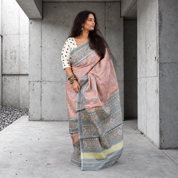 RATAN CHOK MELON PEACH-SPANISH GREY SINGLE IKAT COTTON PATOLA SAREE