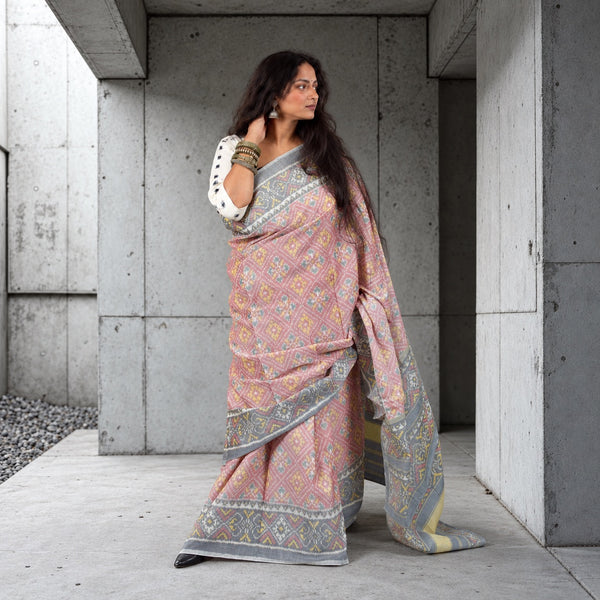 RATAN CHOK MELON PEACH-SPANISH GREY SINGLE IKAT COTTON PATOLA SAREE