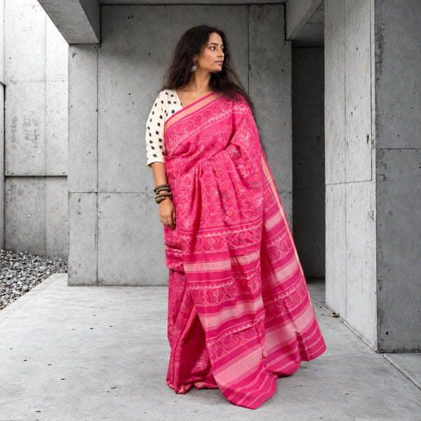 NARI KUNJAR POPAT PHOOL BHAT PINK SINGLE IKAT COTTON PATOLA SAREE