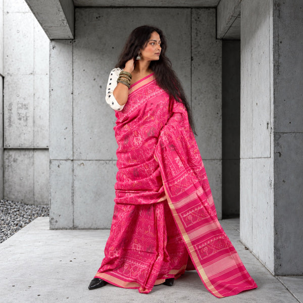 NARI KUNJAR POPAT PHOOL BHAT PINK SINGLE IKAT COTTON PATOLA SAREE