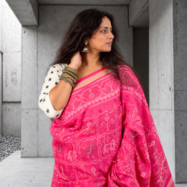 NARI KUNJAR POPAT PHOOL BHAT PINK SINGLE IKAT COTTON PATOLA SAREE