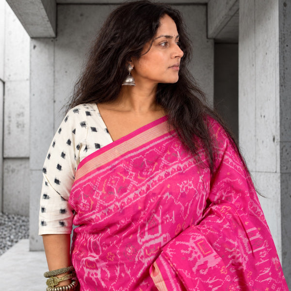 KUNJAR BHAT BARBIE PINK SINGLE IKAT COTTON PATOLA SAREE