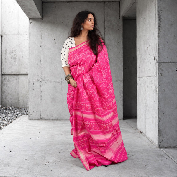 KUNJAR BHAT BARBIE PINK SINGLE IKAT COTTON PATOLA SAREE