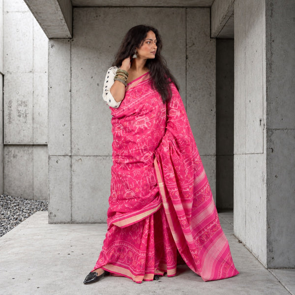 KUNJAR BHAT BARBIE PINK SINGLE IKAT COTTON PATOLA SAREE