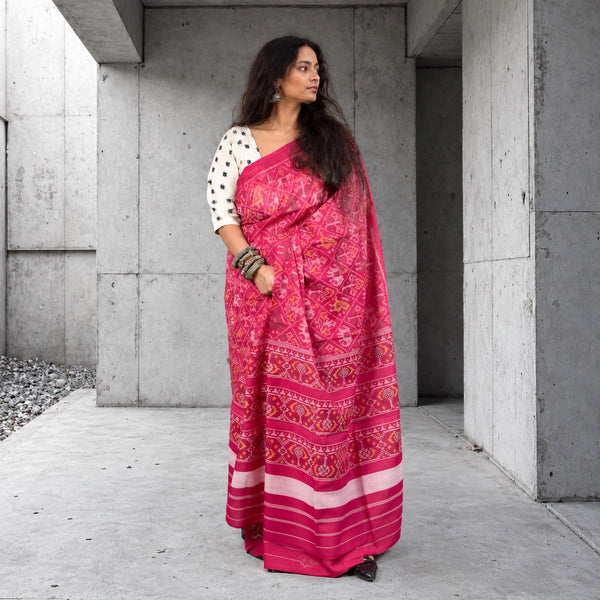 NARI KUNJAR POPAT PHOOL BHAT RUBY PINK SINGLE IKAT COTTON PATOLA SAREE