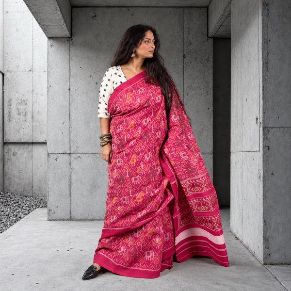 NARI KUNJAR POPAT PHOOL BHAT RUBY PINK SINGLE IKAT COTTON PATOLA SAREE