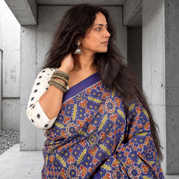 RATAN CHOK PERSIAN INDIGO SINGLE IKAT COTTON PATOLA SAREE WITH ZARI ANCHAL
