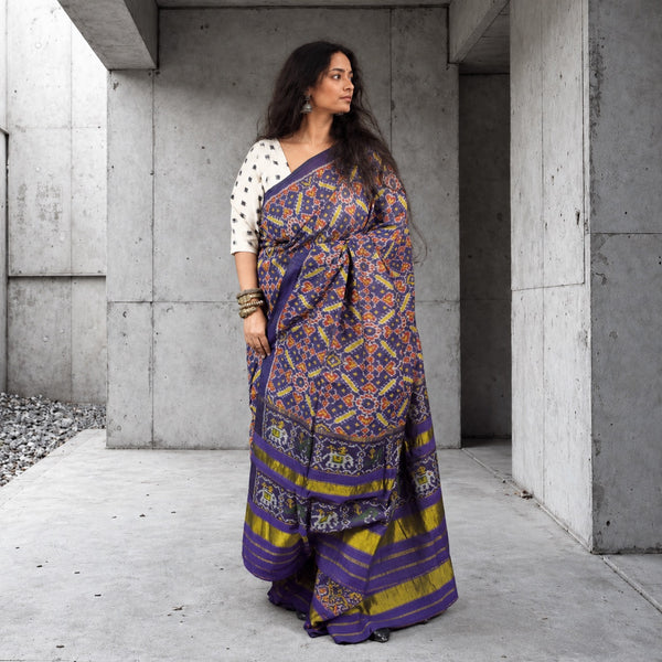 RATAN CHOK PERSIAN INDIGO SINGLE IKAT COTTON PATOLA SAREE WITH ZARI ANCHAL
