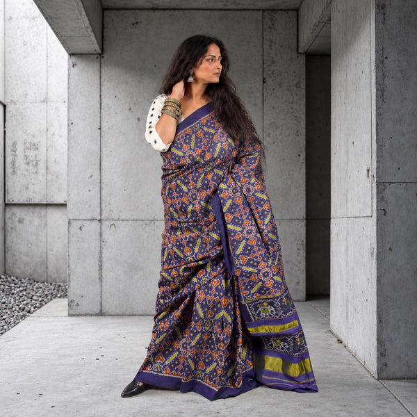 RATAN CHOK PERSIAN INDIGO SINGLE IKAT COTTON PATOLA SAREE WITH ZARI ANCHAL