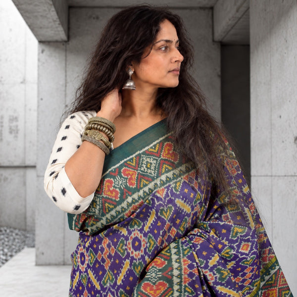 RATAN CHOK ROYAL INDIGO-SACRAMENTO GREEN SINGLE IKAT COTTON PATOLA SAREE WITH ZARI ANCHAL