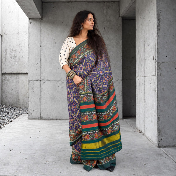 RATAN CHOK ROYAL INDIGO-SACRAMENTO GREEN SINGLE IKAT COTTON PATOLA SAREE WITH ZARI ANCHAL