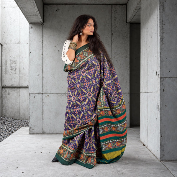 RATAN CHOK ROYAL INDIGO-SACRAMENTO GREEN SINGLE IKAT COTTON PATOLA SAREE WITH ZARI ANCHAL