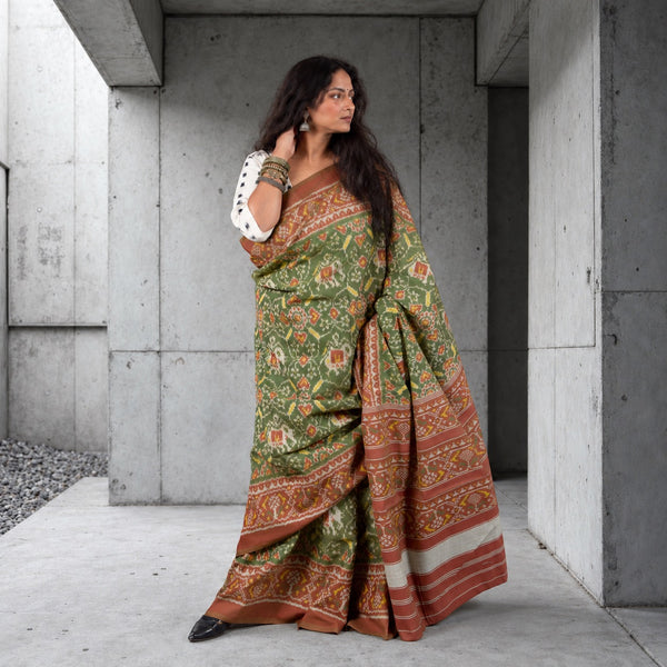 KUNJAR BHAT FERN GREEN-TERRACOTTA SINGLE IKAT COTTON PATOLA SAREE