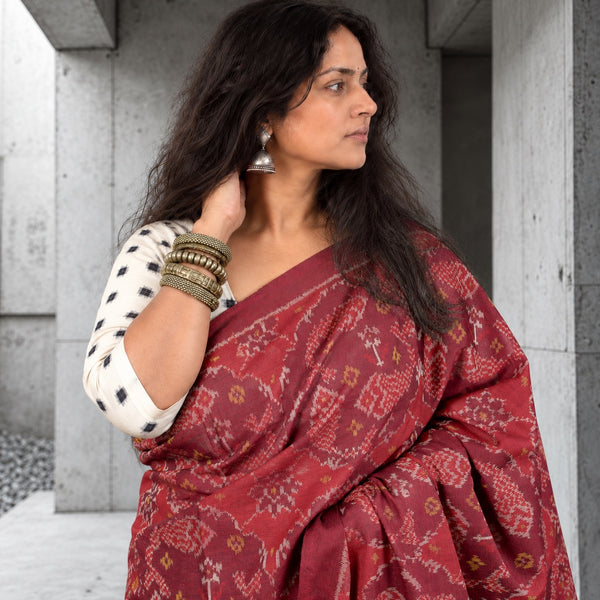 MEEN BHAT AUBURN RED-BURGUNDY SINGLE IKAT COTTON PATOLA SAREE