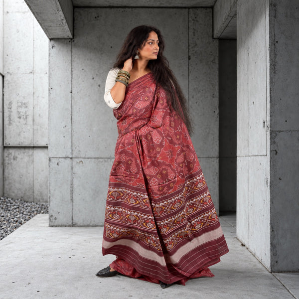 MEEN BHAT AUBURN RED-BURGUNDY SINGLE IKAT COTTON PATOLA SAREE