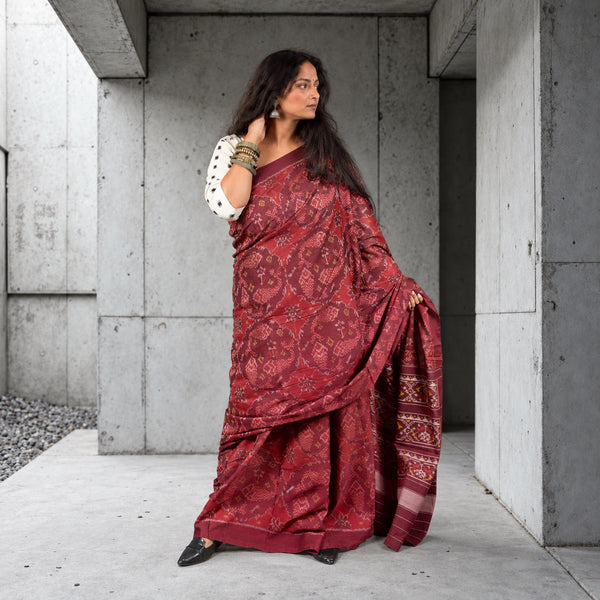 MEEN BHAT AUBURN RED-BURGUNDY SINGLE IKAT COTTON PATOLA SAREE
