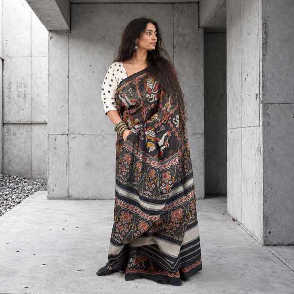 MOR HANS BHAT BLACK SINGLE IKAT COTTON PATOLA SAREE