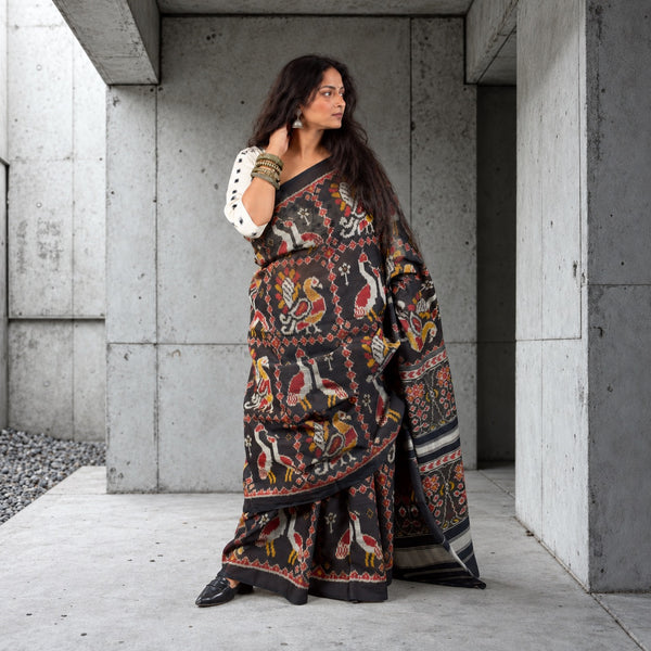 MOR HANS BHAT BLACK SINGLE IKAT COTTON PATOLA SAREE