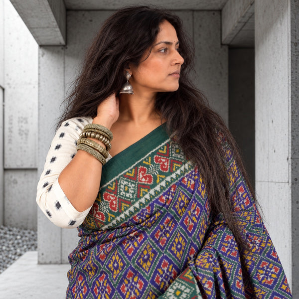 RATAN CHOK ROYAL INDIGO-SACRAMENTO GREEN SINGLE IKAT COTTON PATOLA SAREE WITH ZARI ANCHAL