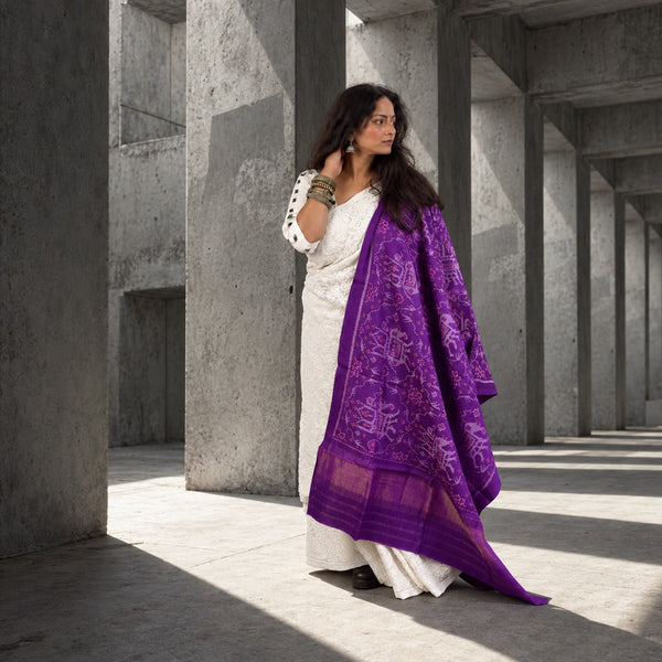 PURE WOOL SINGLE IKAT VIOLET PURPLE PATOLA SHAWL WITH ZARI BORDERS