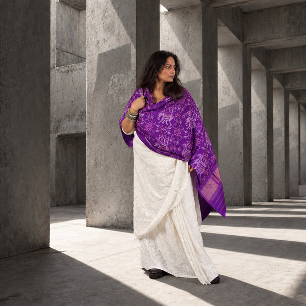 PURE WOOL SINGLE IKAT VIOLET PURPLE PATOLA SHAWL WITH ZARI BORDERS