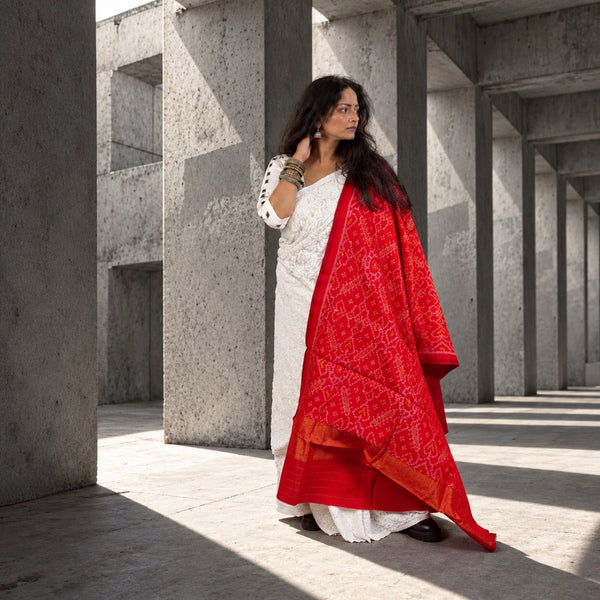 PURE WOOL SINGLE IKAT SCARLET RED PATOLA SHAWL WITH ZARI BORDERS