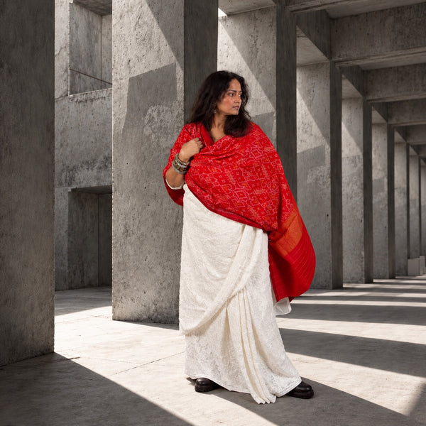 PURE WOOL SINGLE IKAT SCARLET RED PATOLA SHAWL WITH ZARI BORDERS
