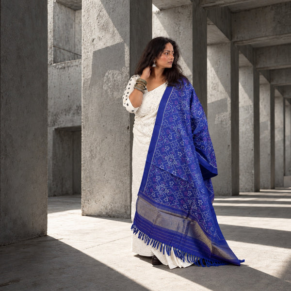 PURE WOOL SINGLE IKAT INDIGO PATOLA SHAWL WITH ZARI BORDERS