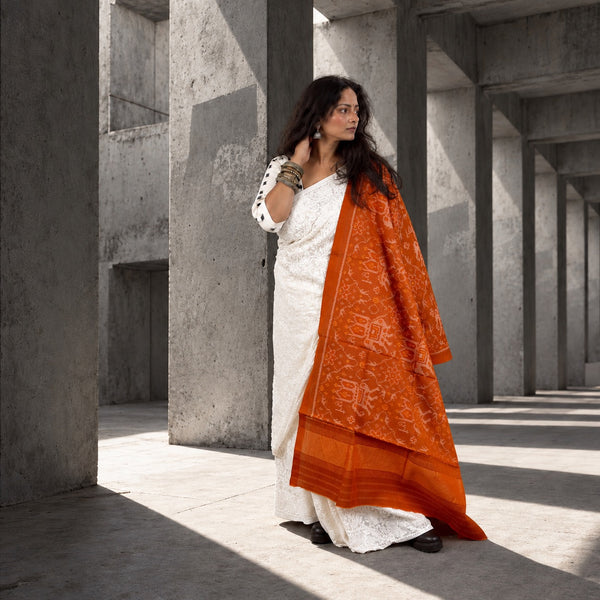 PURE WOOL SINGLE IKAT BURNT ORANGE PATOLA SHAWL WITH ZARI BORDERS